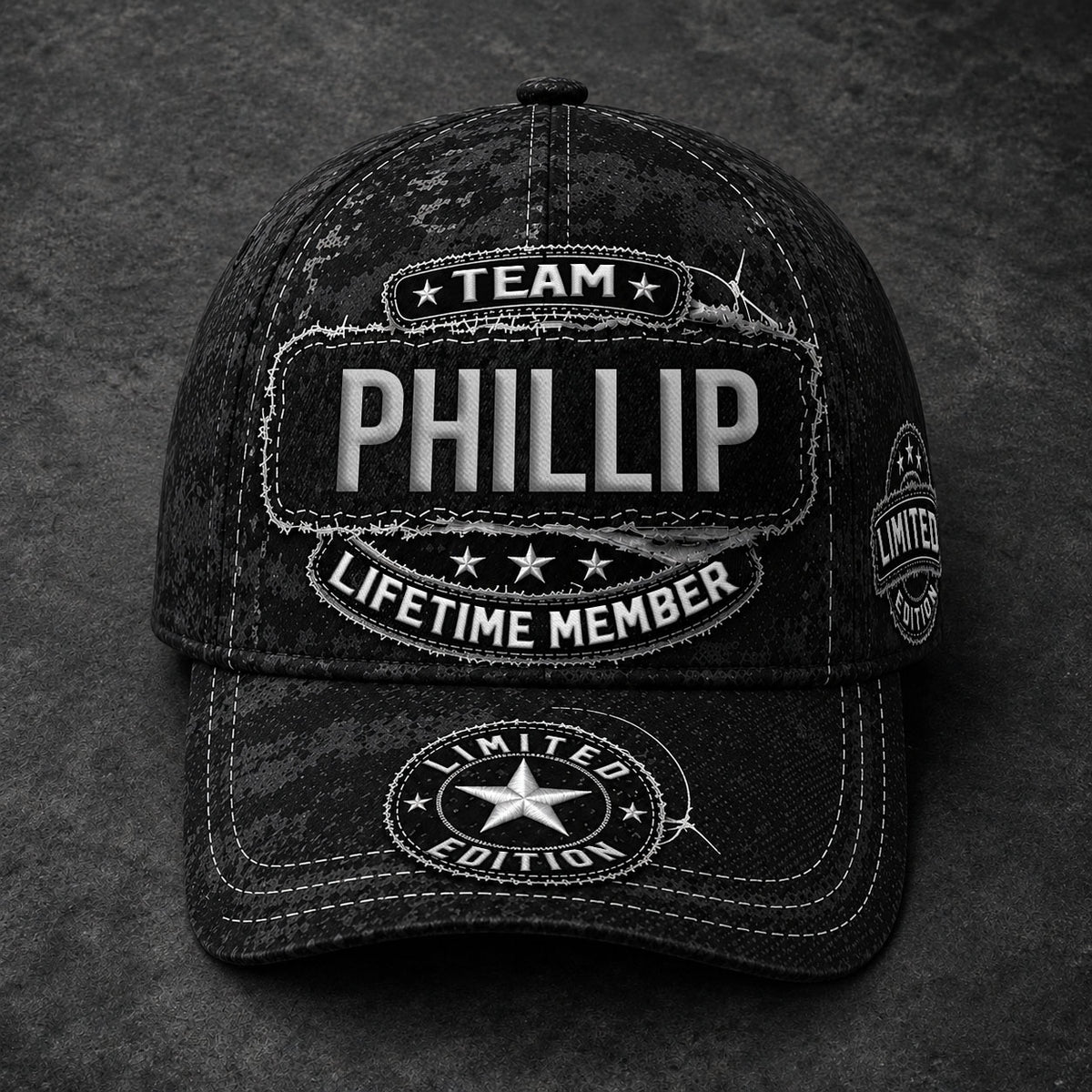 PHILLIP TC03 HH79  Personalized Black Camo Baseball Cap, Custom Name Family Hat