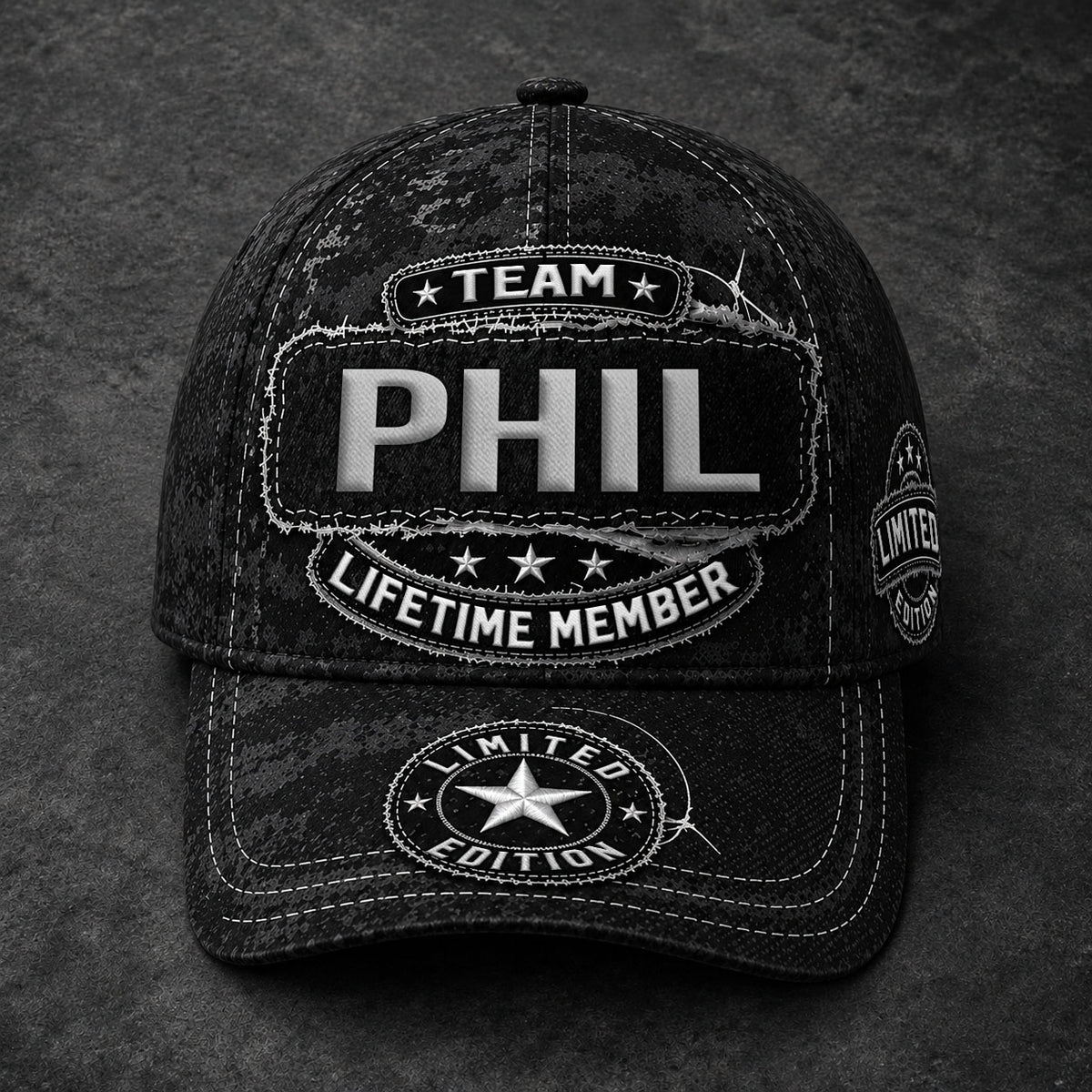 PHIL TC03 HH79  Personalized Black Camo Baseball Cap, Custom Name Family Hat