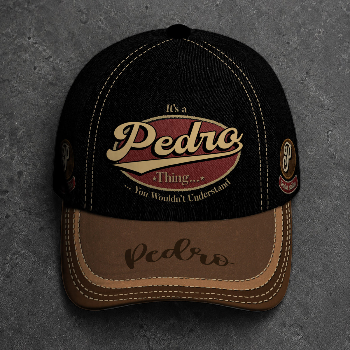 PEDRO  TC06 HH79 Personalized Distressed Baseball Cap, Custom Retro Trucker Hat, Statement Dad Cap