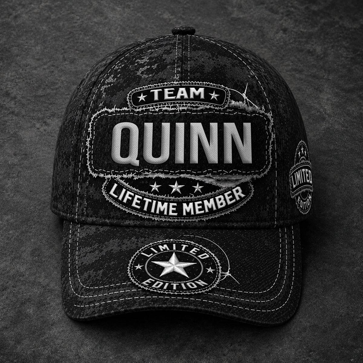 QUINN TC03 HH79  Personalized Black Camo Baseball Cap, Custom Name Family Hat
