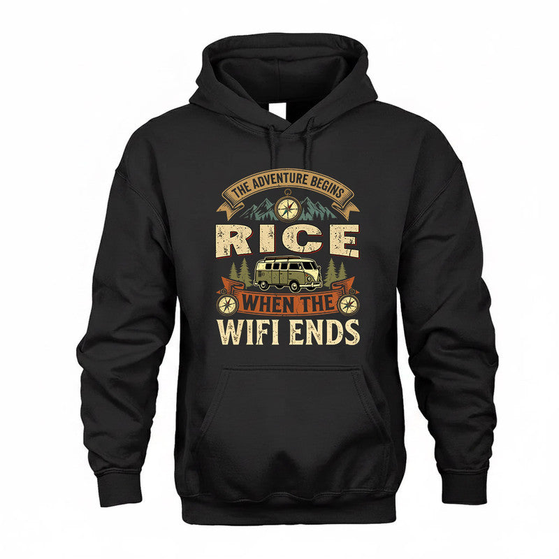 RICE TT898-K6-229 – Personalized Funny Camping Quote Apparel “The Adventure Begins When The WiFi Ends”