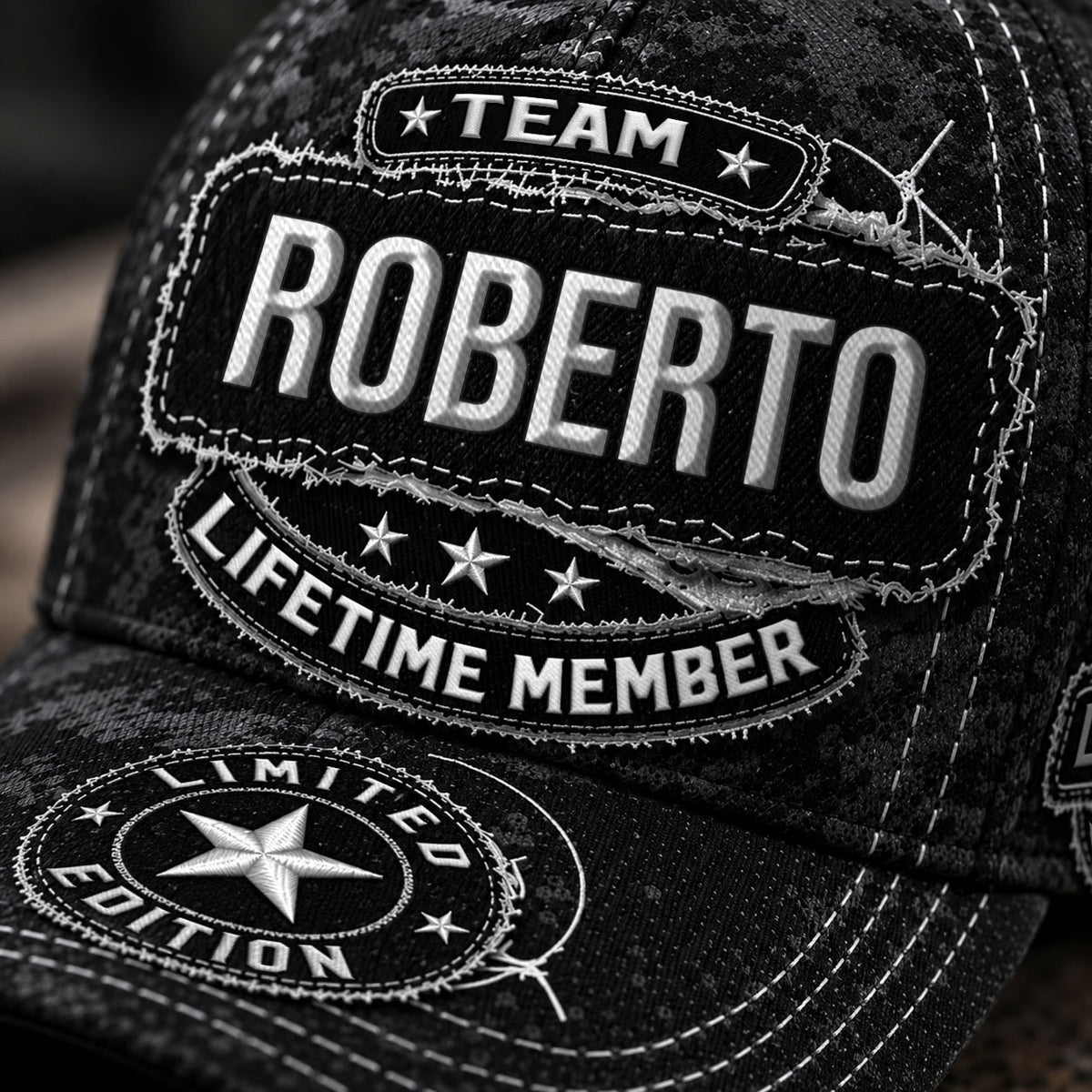 ROBERTO TC03 HH79  Personalized Black Camo Baseball Cap, Custom Name Family Hat