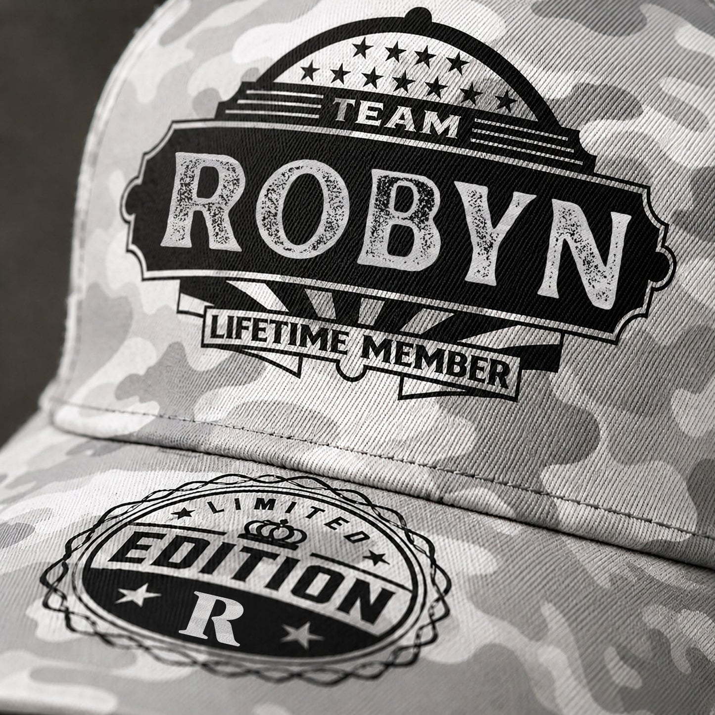 ROBYN TC01 HH79 Team Your Name Hat, Personalized Camo Baseball Cap, Custom Family Gift, Gift for Him Her