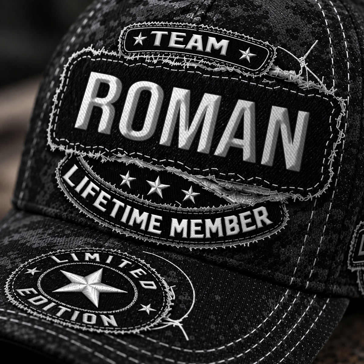 ROMAN TC03 HH79  Personalized Black Camo Baseball Cap, Custom Name Family Hat