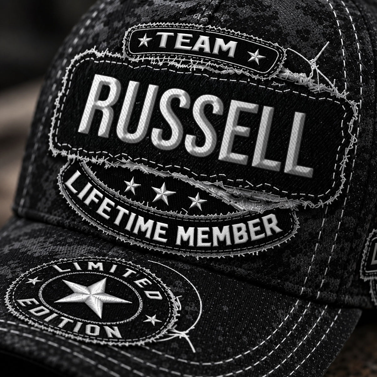 RUSSELL TC03 HH79  Personalized Black Camo Baseball Cap, Custom Name Family Hat