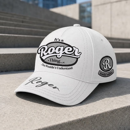 ROGER  TC05 HH79  Personalized Distressed Baseball Cap, Custom Retro Trucker Hat, Statement Dad Cap, White version