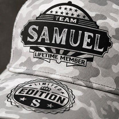 SAMUEL TC01 HH79 Team Your Name Hat, Personalized Camo Baseball Cap, Custom Family Gift, Gift for Him Her