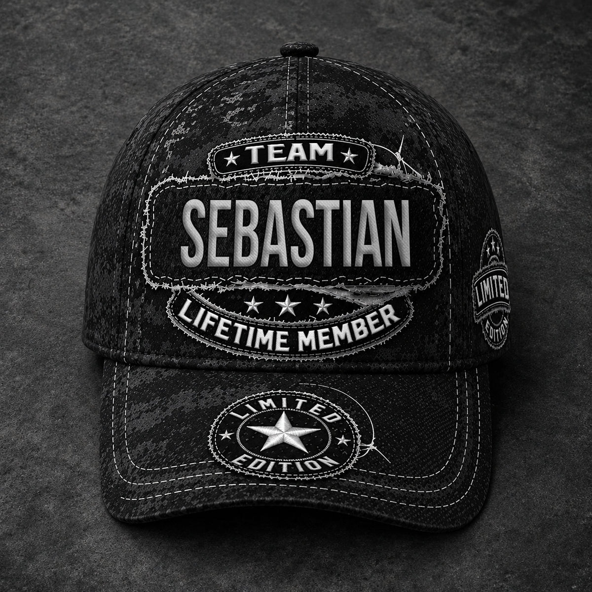 SEBASTIAN TC03 HH79  Personalized Black Camo Baseball Cap, Custom Name Family Hat