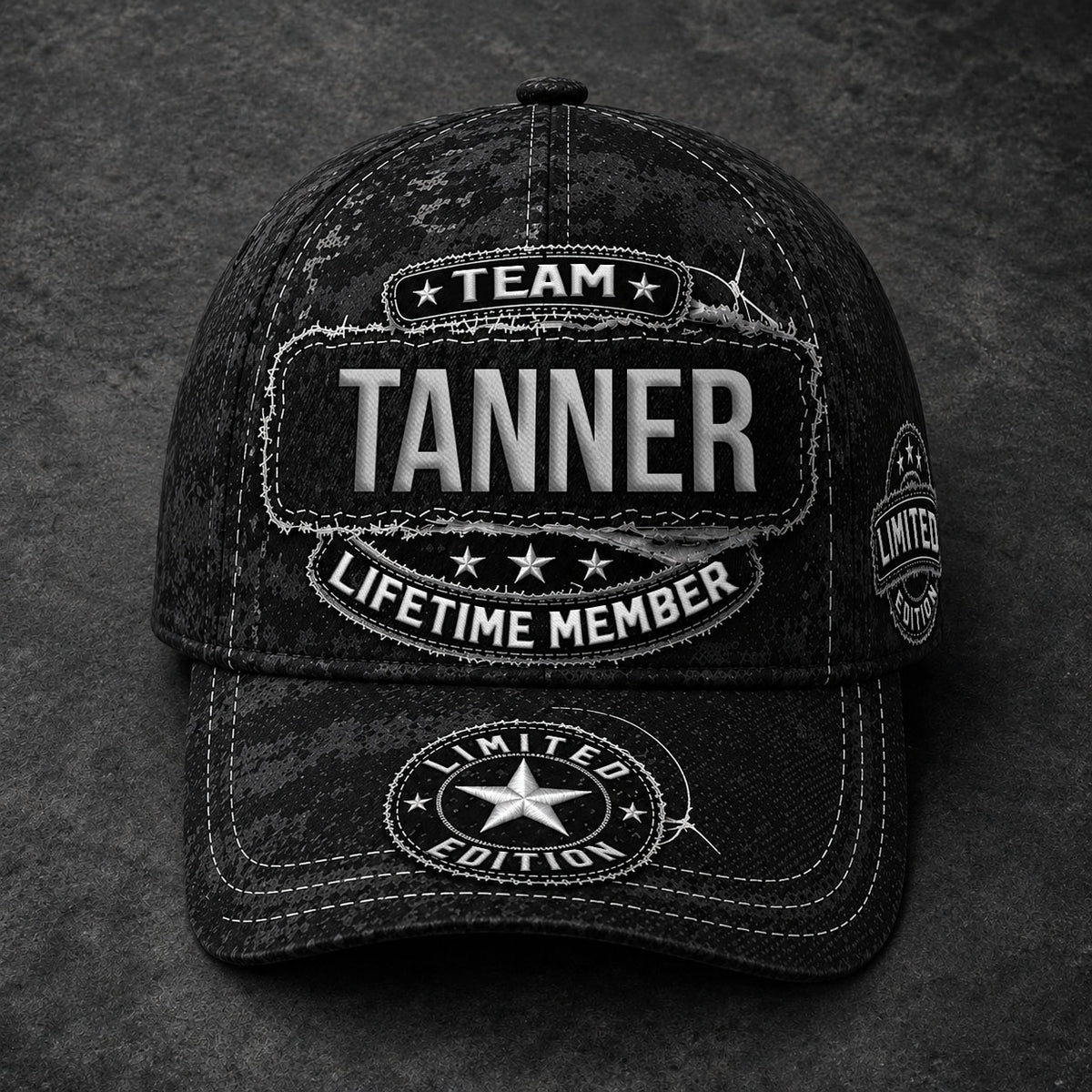 TANNER TC03 HH79  Personalized Black Camo Baseball Cap, Custom Name Family Hat