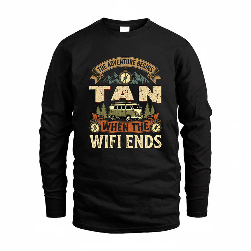 TAN TT898-K6-229 – Personalized Funny Camping Quote Apparel “The Adventure Begins When The WiFi Ends”