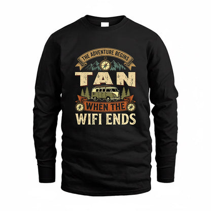 TAN TT898-K6-229 – Personalized Funny Camping Quote Apparel “The Adventure Begins When The WiFi Ends”