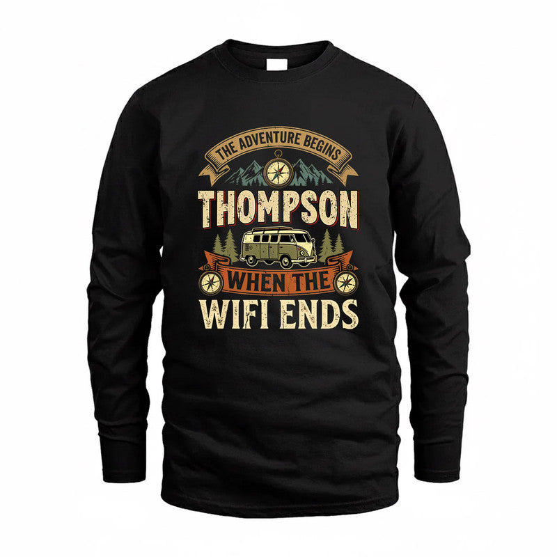 THOMPSON TT898-K6-229 – Personalized Funny Camping Quote Apparel “The Adventure Begins When The WiFi Ends”