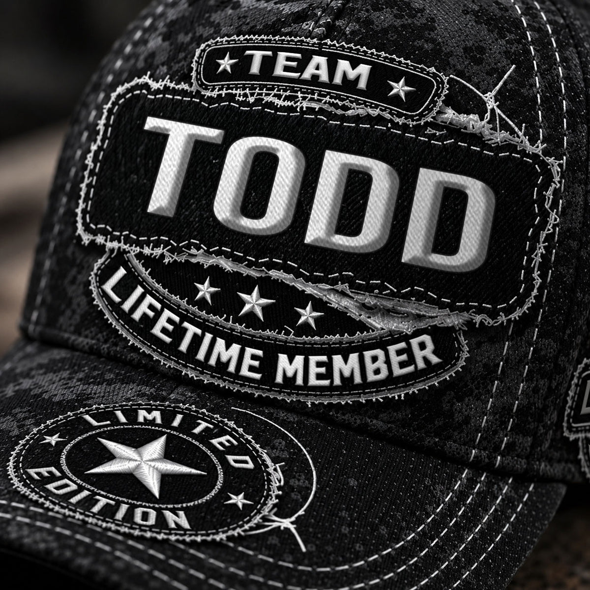 TODD TC03 HH79  Personalized Black Camo Baseball Cap, Custom Name Family Hat