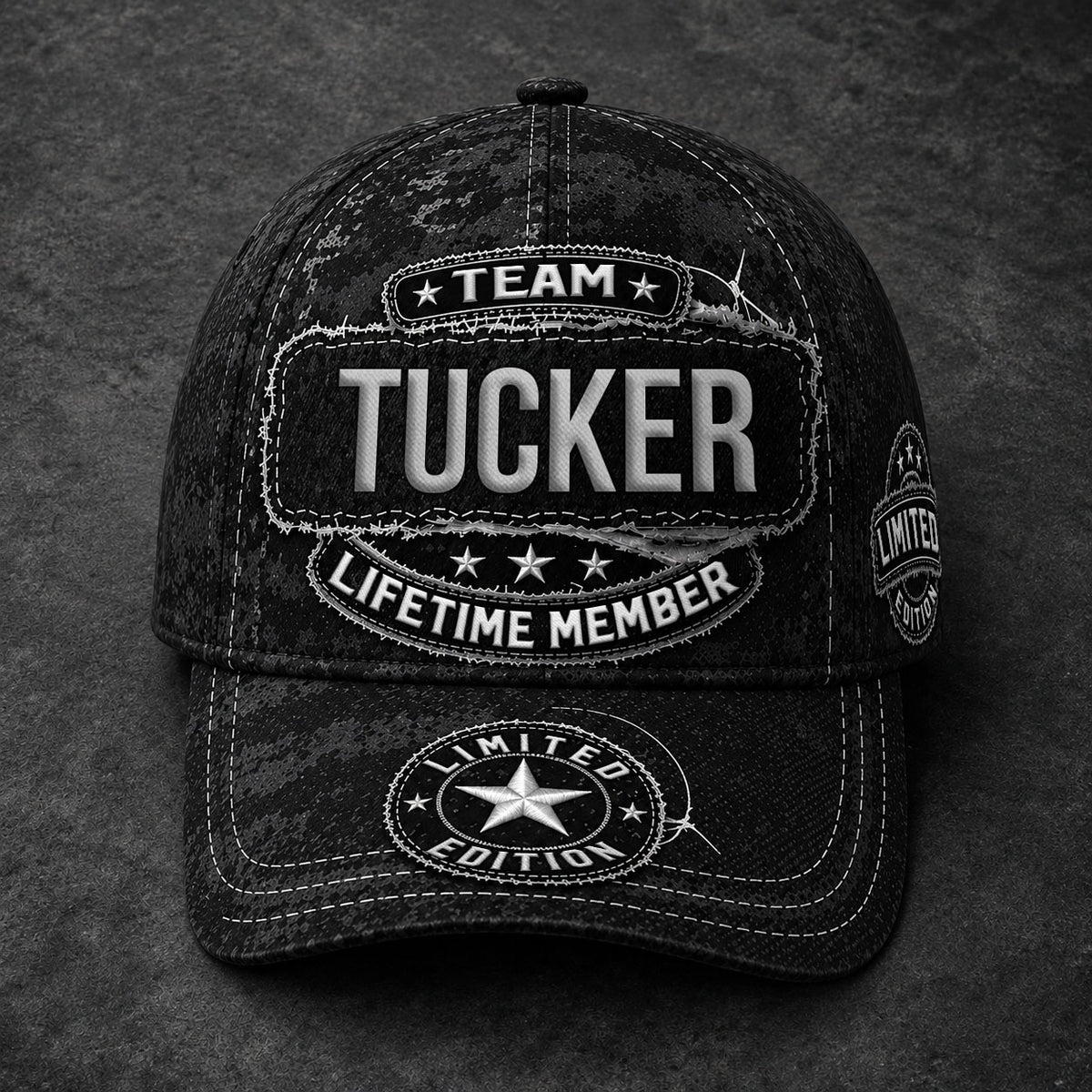 TUCKER TC03 HH79  Personalized Black Camo Baseball Cap, Custom Name Family Hat