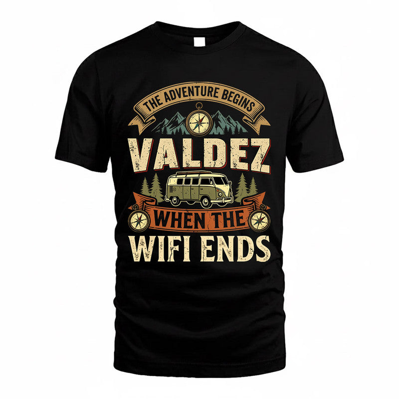 VALDEZ TT898-K6-229 – Personalized Funny Camping Quote Apparel “The Adventure Begins When The WiFi Ends”