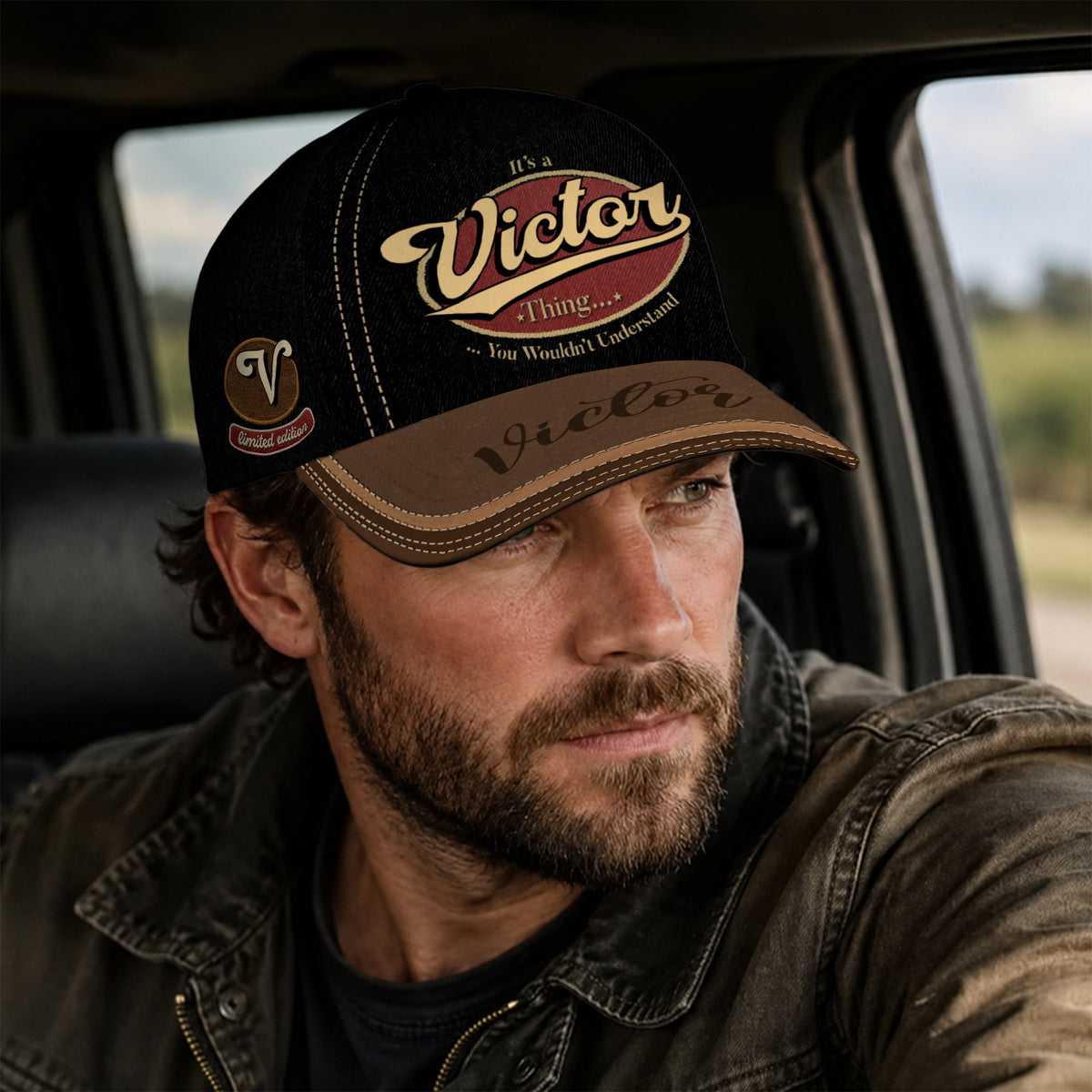 VICTOR  TC06 HH79 Personalized Distressed Baseball Cap, Custom Retro Trucker Hat, Statement Dad Cap