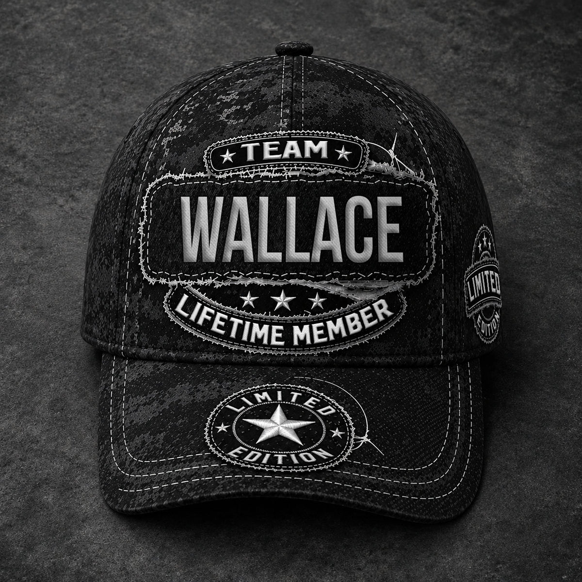WALLACE TC03 HH79  Personalized Black Camo Baseball Cap, Custom Name Family Hat