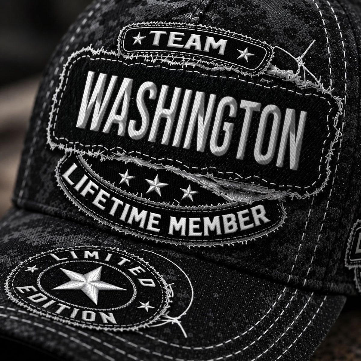 WASHINGTON TC03 HH79  Personalized Black Camo Baseball Cap, Custom Name Family Hat