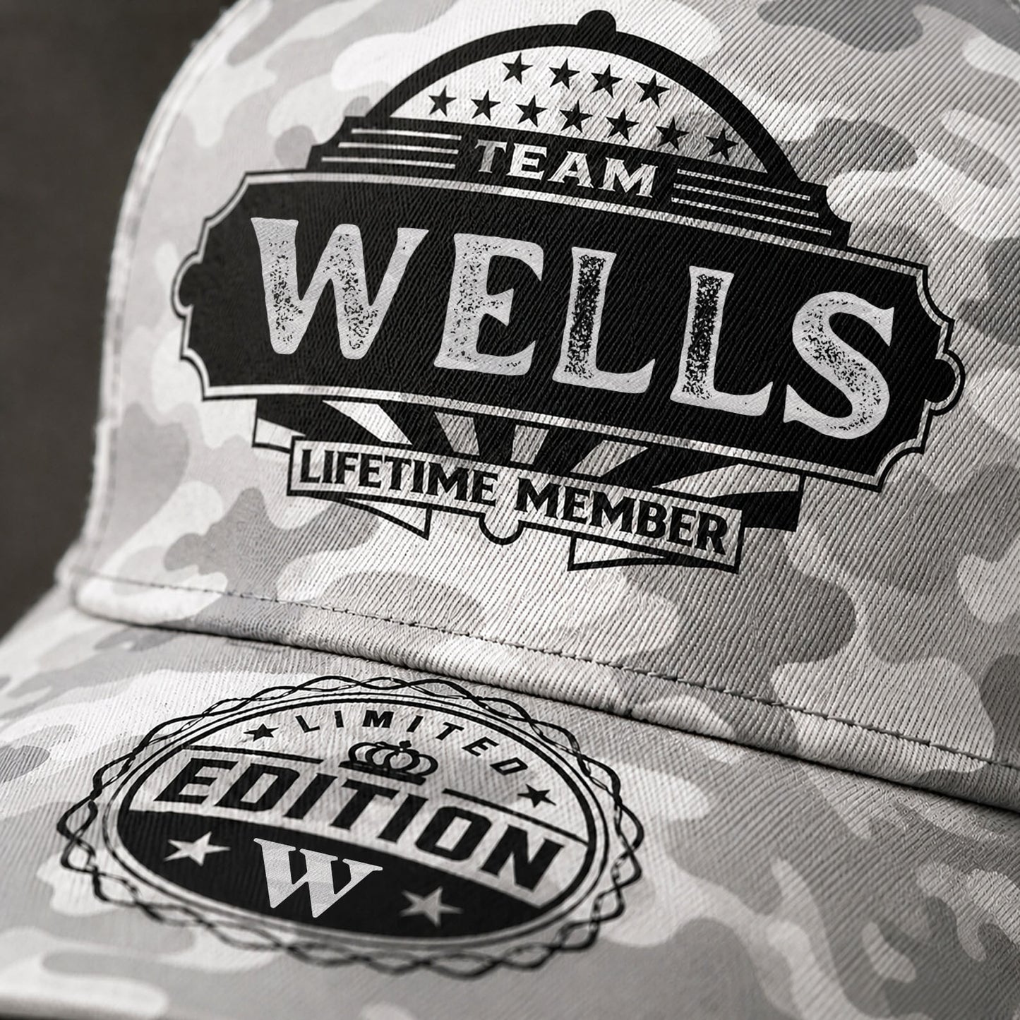 WELLS TC01 HH79 Team Your Name Hat, Personalized Camo Baseball Cap, Custom Family Gift, Gift for Him Her