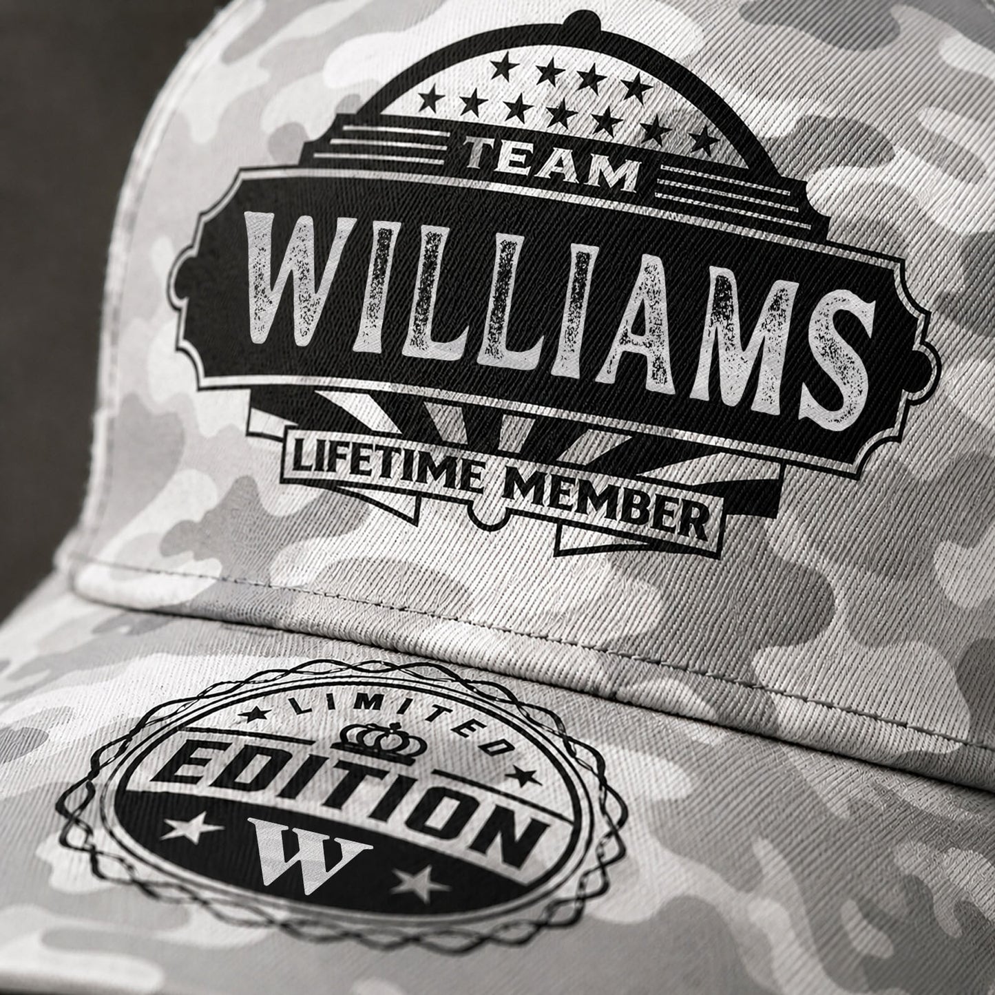 WILLIAMS TC01 HH79 Team Your Name Hat, Personalized Camo Baseball Cap, Custom Family Gift, Gift for Him Her