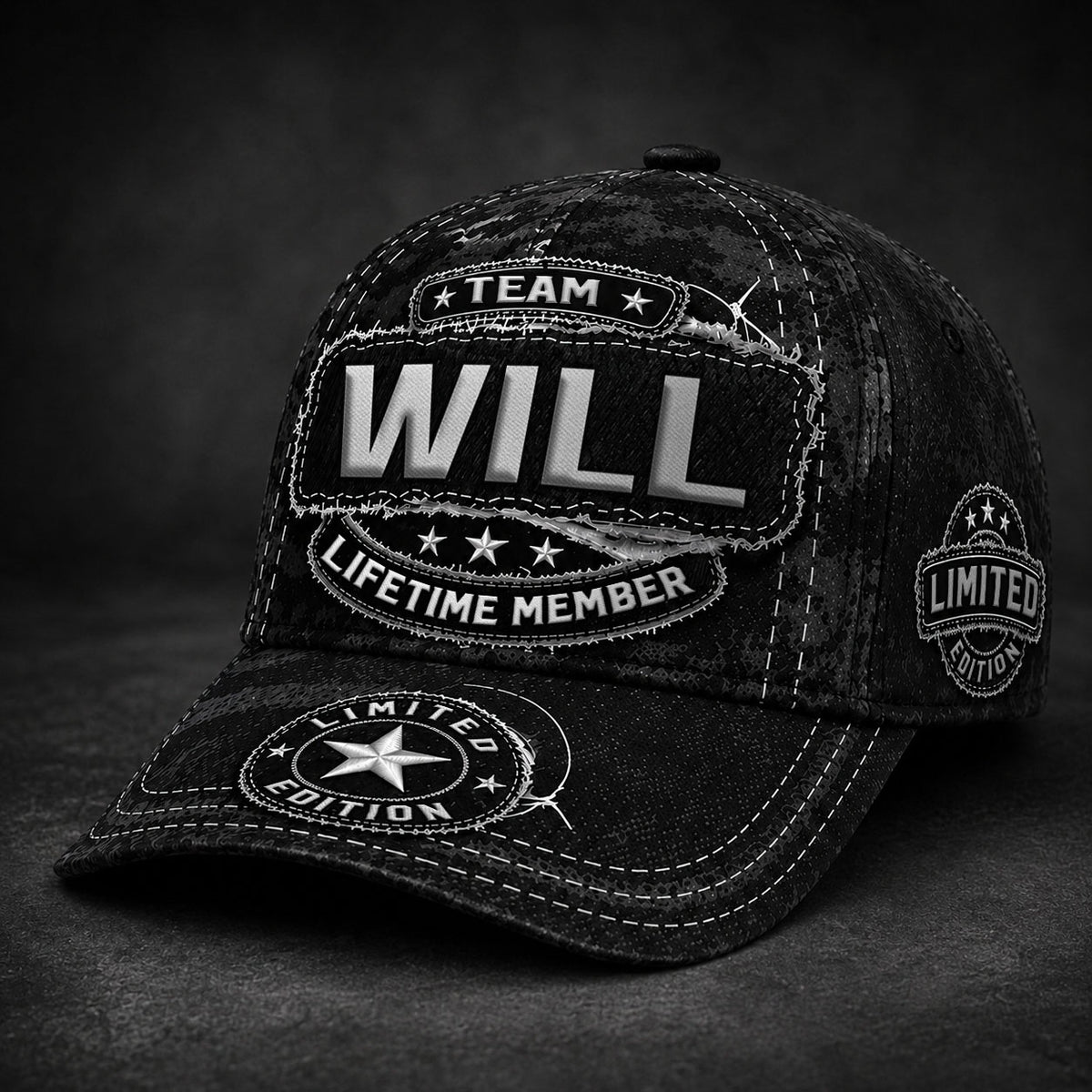 WILL TC03 HH79  Personalized Black Camo Baseball Cap, Custom Name Family Hat