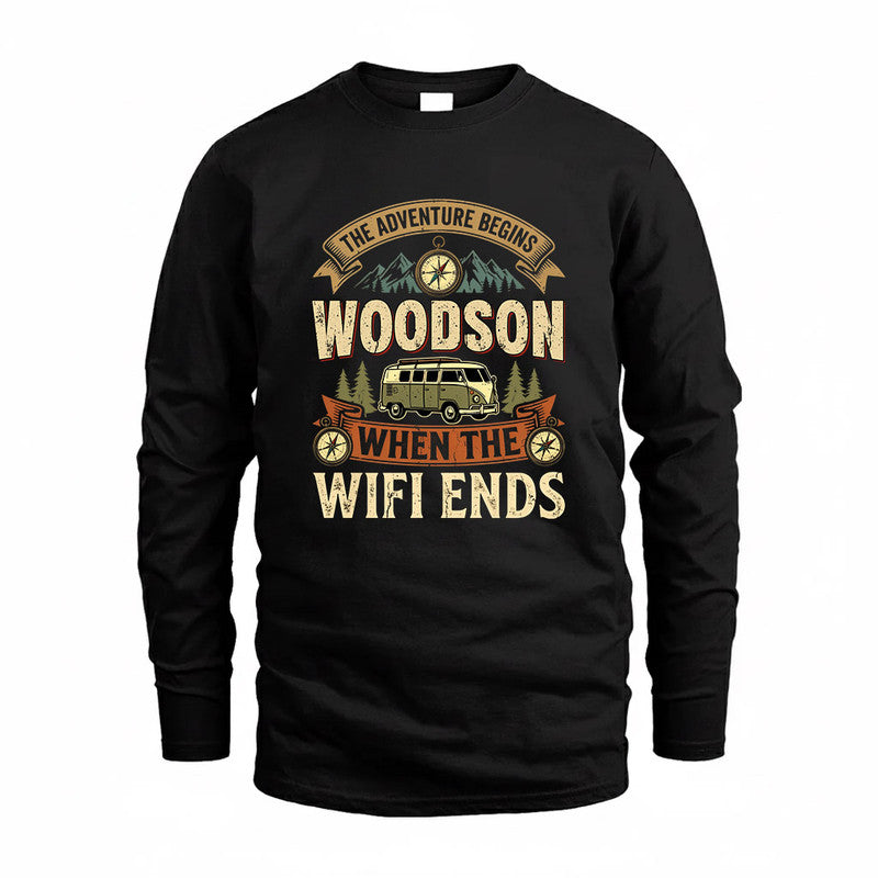 WOODSON TT898-K6-229 – Personalized Funny Camping Quote Apparel “The Adventure Begins When The WiFi Ends”