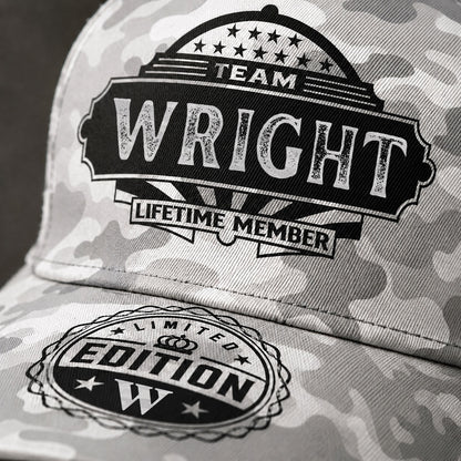 WRIGHT TC01 HH79 Team Your Name Hat, Personalized Camo Baseball Cap, Custom Family Gift, Gift for Him Her
