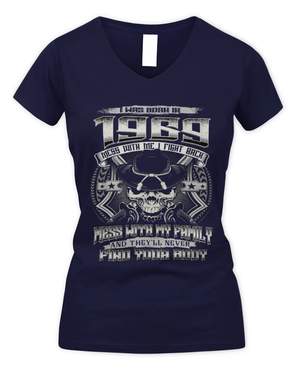 1969 HH89-K2 – T-shirt – Theme: "Birth Year – Family Always Protects" - Women's V-Neck T-Shirt - Navy
