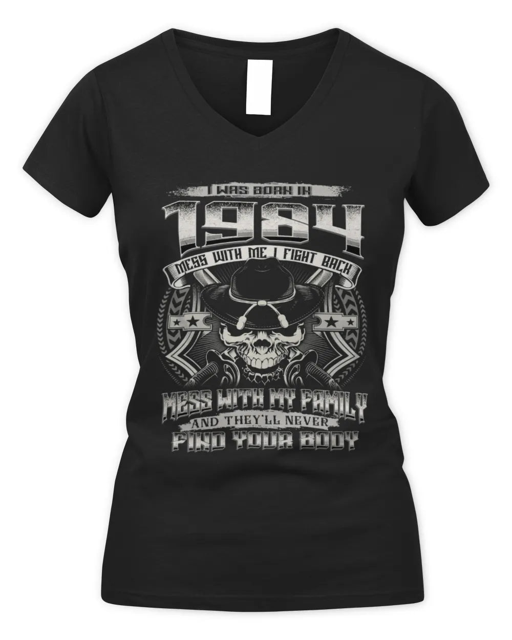 1984 HH89-K2 – T-shirt – Theme: "Birth Year – Family Always Protects" - Women's V-Neck T-Shirt - Black