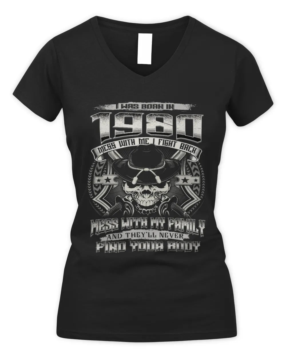 1980 HH89-K2 – T-shirt – Theme: "Birth Year – Family Always Protects" - Women's V-Neck T-Shirt - Black