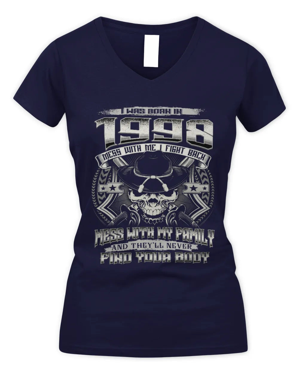 1998 HH89-K2 – T-shirt – Theme: "Birth Year – Family Always Protects" - Women's V-Neck T-Shirt - Navy