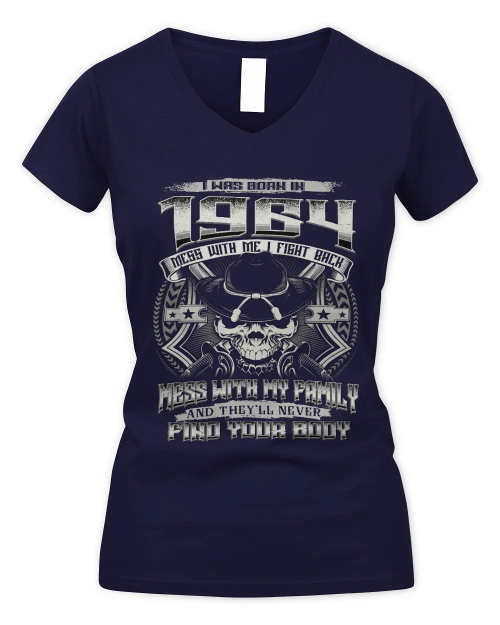 1964 HH89-K2 – T-shirt – Theme: "Birth Year – Family Always Protects" - Women's V-Neck T-Shirt - Navy
