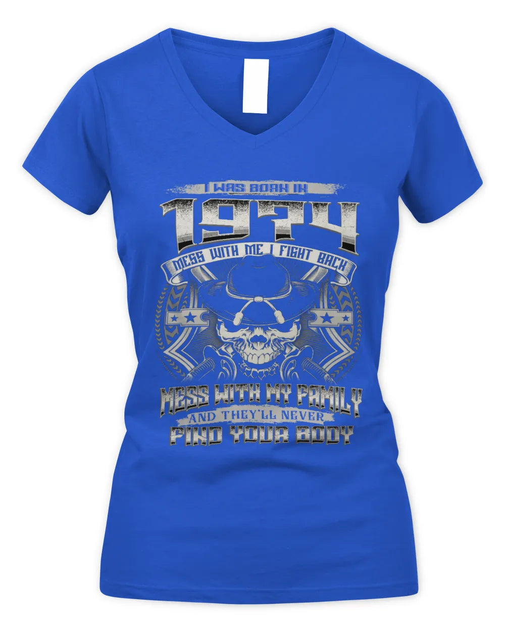 1974 HH89-K2 – T-shirt – Theme: "Birth Year – Family Always Protects" - Women's V-Neck T-Shirt - Royal