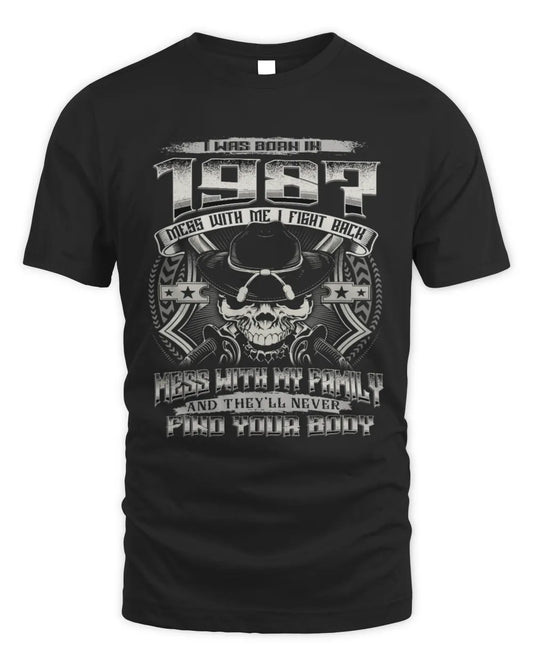 1987 HH89-K2 – T-shirt – Theme: "Birth Year – Family Always Protects" - Unisex Standard T-Shirt - Black
