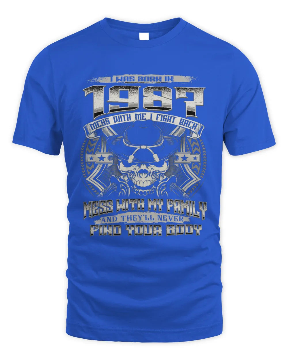 1987 HH89-K2 – T-shirt – Theme: "Birth Year – Family Always Protects" - Unisex Standard T-Shirt - Royal