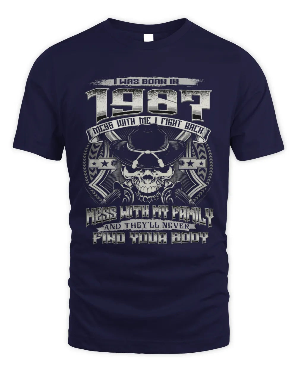 1987 HH89-K2 – T-shirt – Theme: "Birth Year – Family Always Protects" - Unisex Standard T-Shirt - Navy