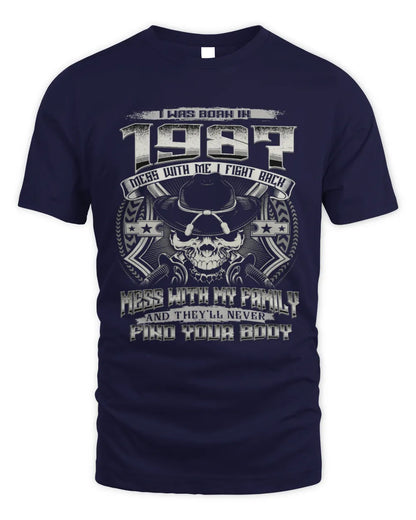 1987 HH89-K2 – T-shirt – Theme: "Birth Year – Family Always Protects" - Unisex Standard T-Shirt - Navy