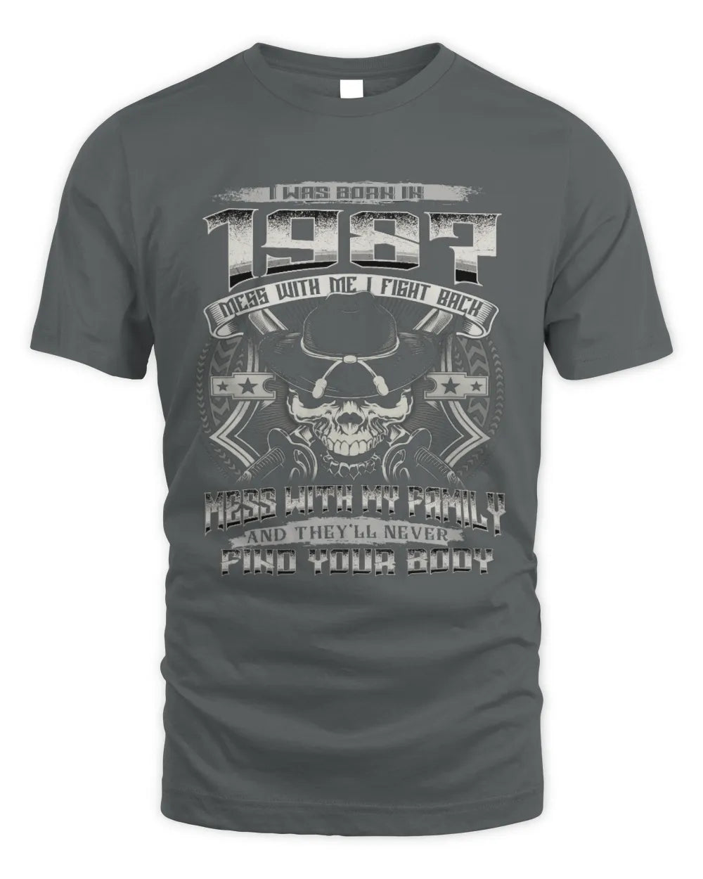 1987 HH89-K2 – T-shirt – Theme: "Birth Year – Family Always Protects" - Unisex Standard T-Shirt - Charcoal