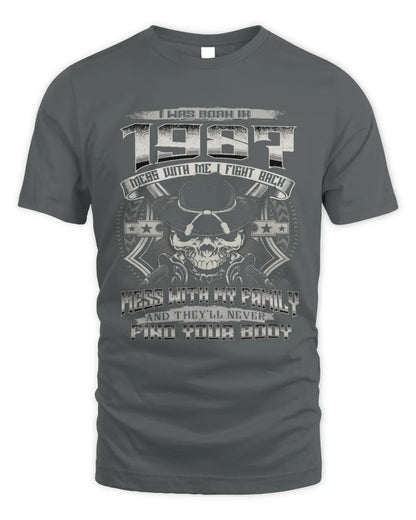 1987 HH89-K2 – T-shirt – Theme: "Birth Year – Family Always Protects" - Unisex Standard T-Shirt - Charcoal