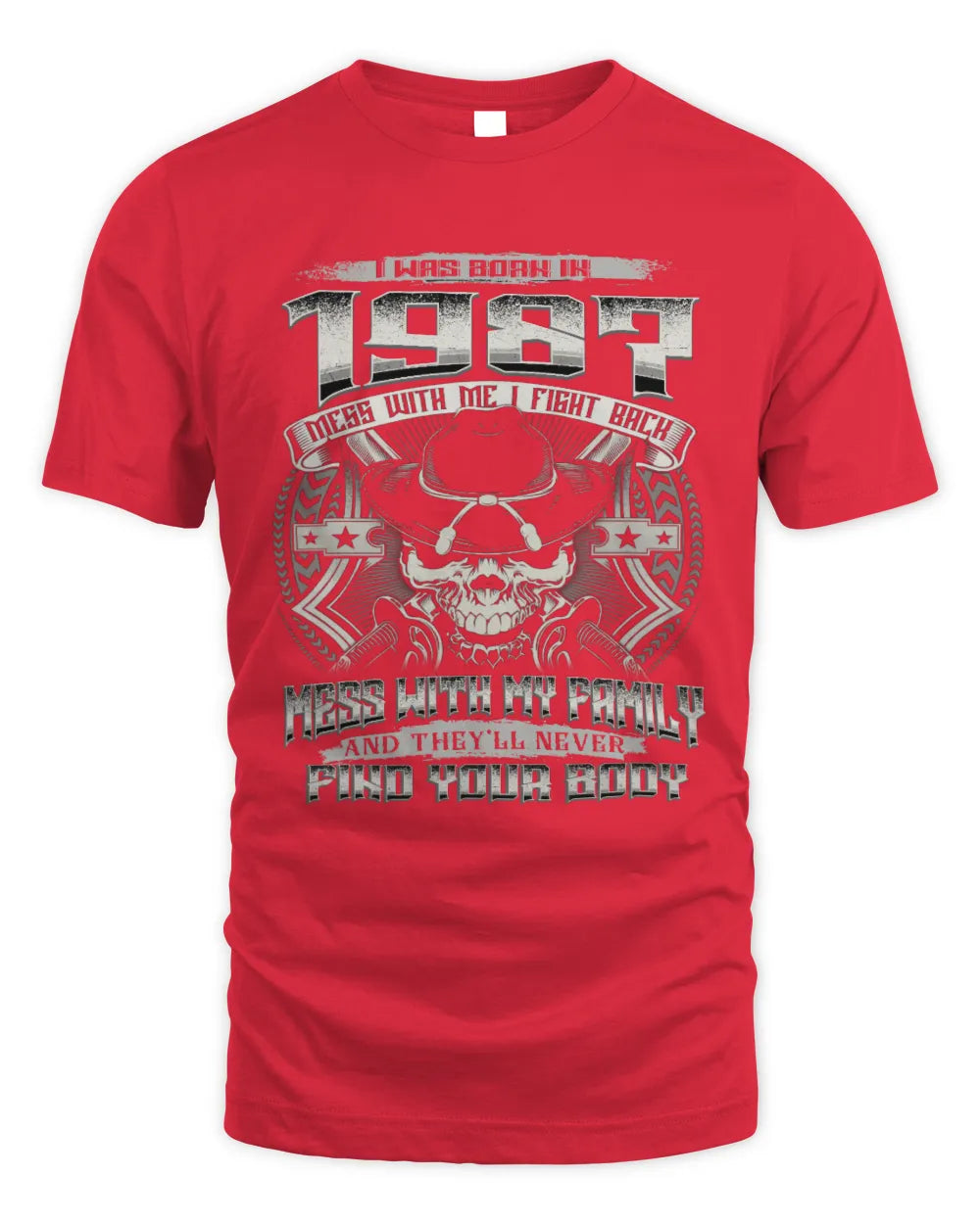 1987 HH89-K2 – T-shirt – Theme: "Birth Year – Family Always Protects" - Unisex Standard T-Shirt - Red