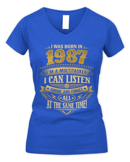 1987 HH89-K2 – Funny Birth Year Multitasker Quote T-Shirt - Women's V-Neck T-Shirt - Royal