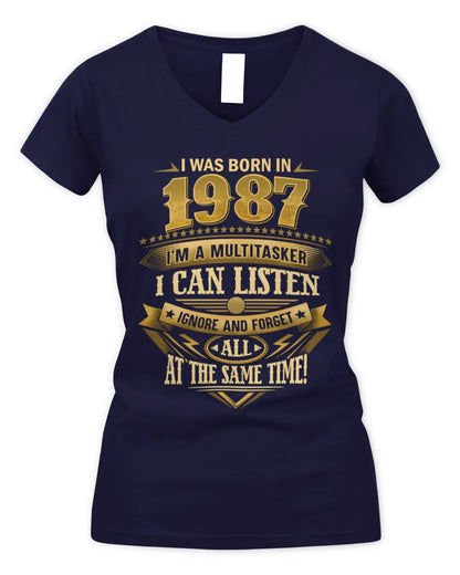 1987 HH89-K2 – Funny Birth Year Multitasker Quote T-Shirt - Women's V-Neck T-Shirt - Navy