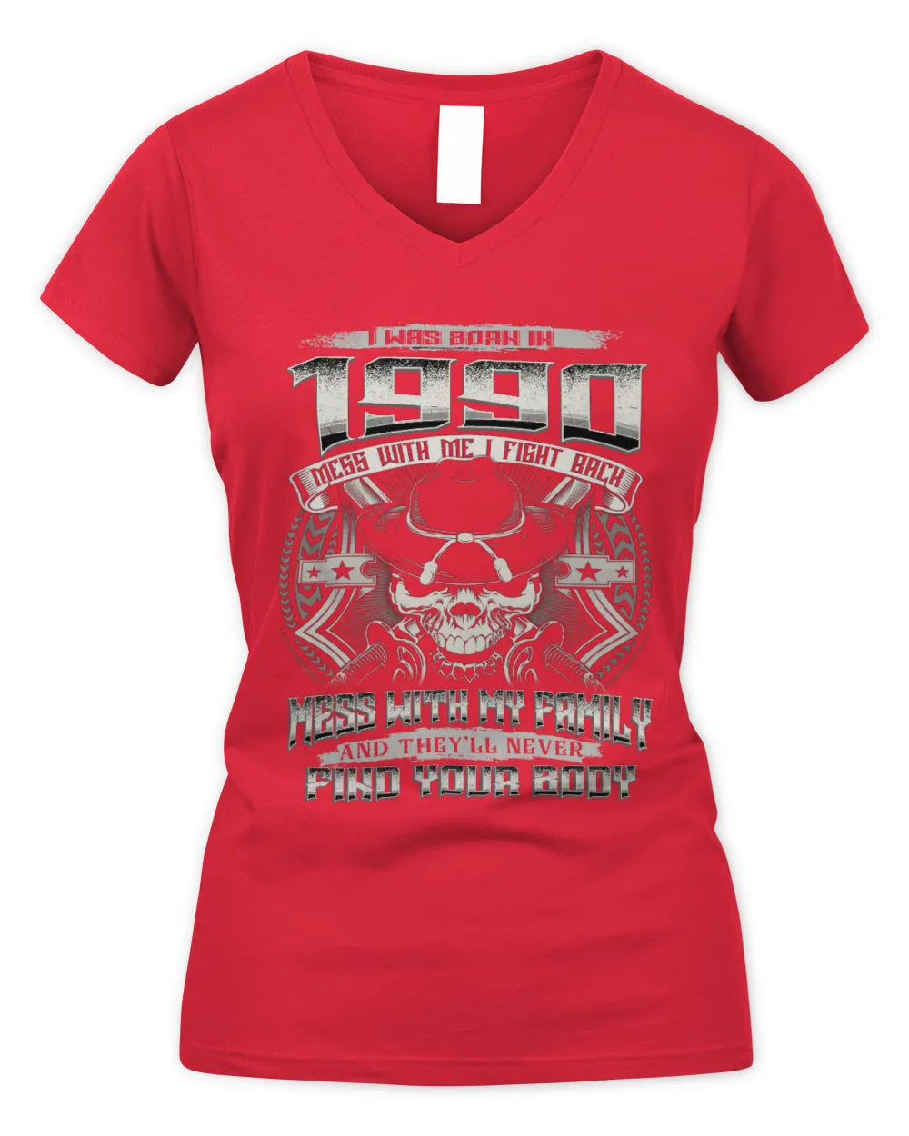 1990 HH89-K2 – T-shirt – Theme: "Birth Year – Family Always Protects" - Women's V-Neck T-Shirt - Red