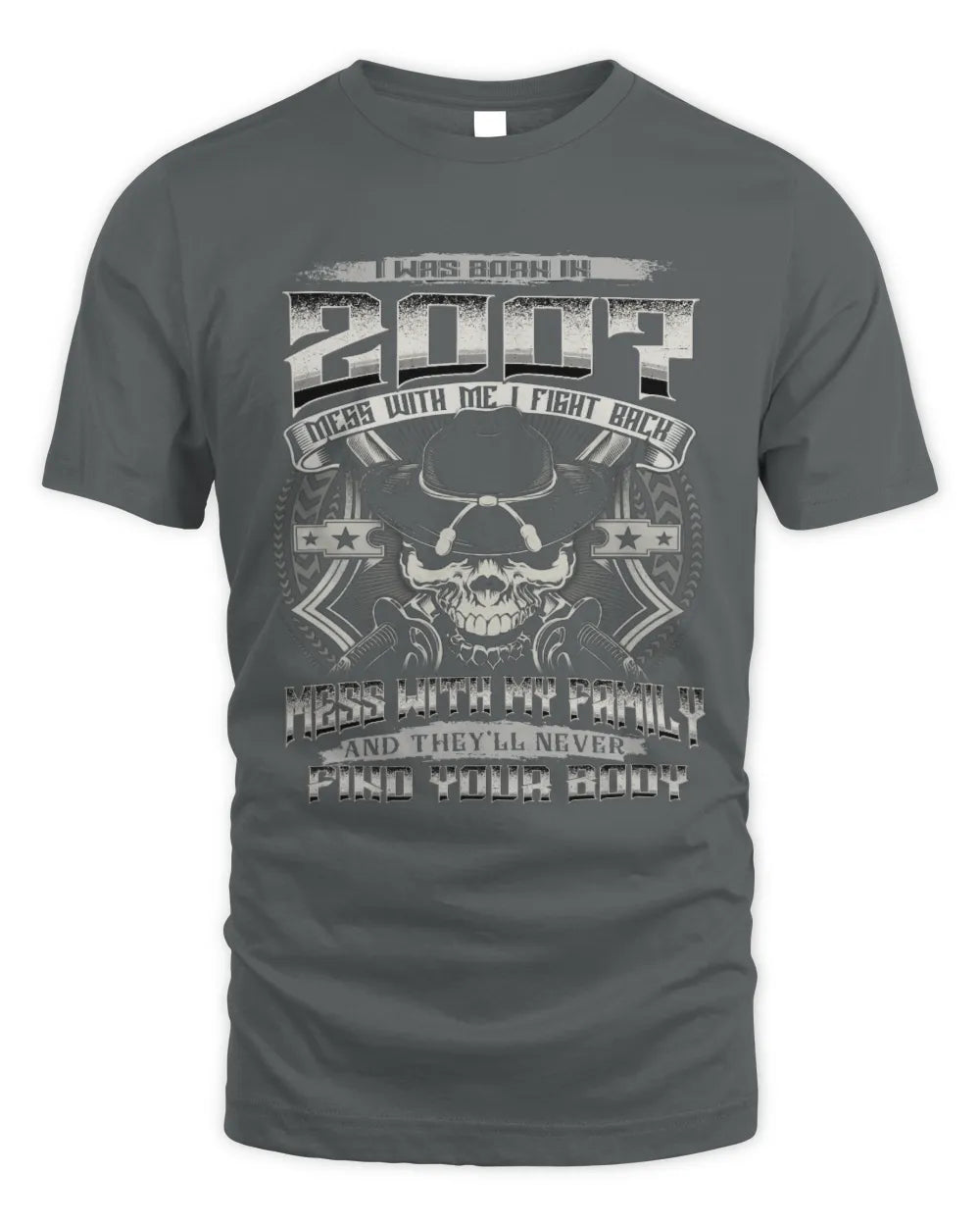 2007 HH89-K2 – T-shirt – Theme: "Birth Year – Family Always Protects" - Unisex Standard T-Shirt - Charcoal