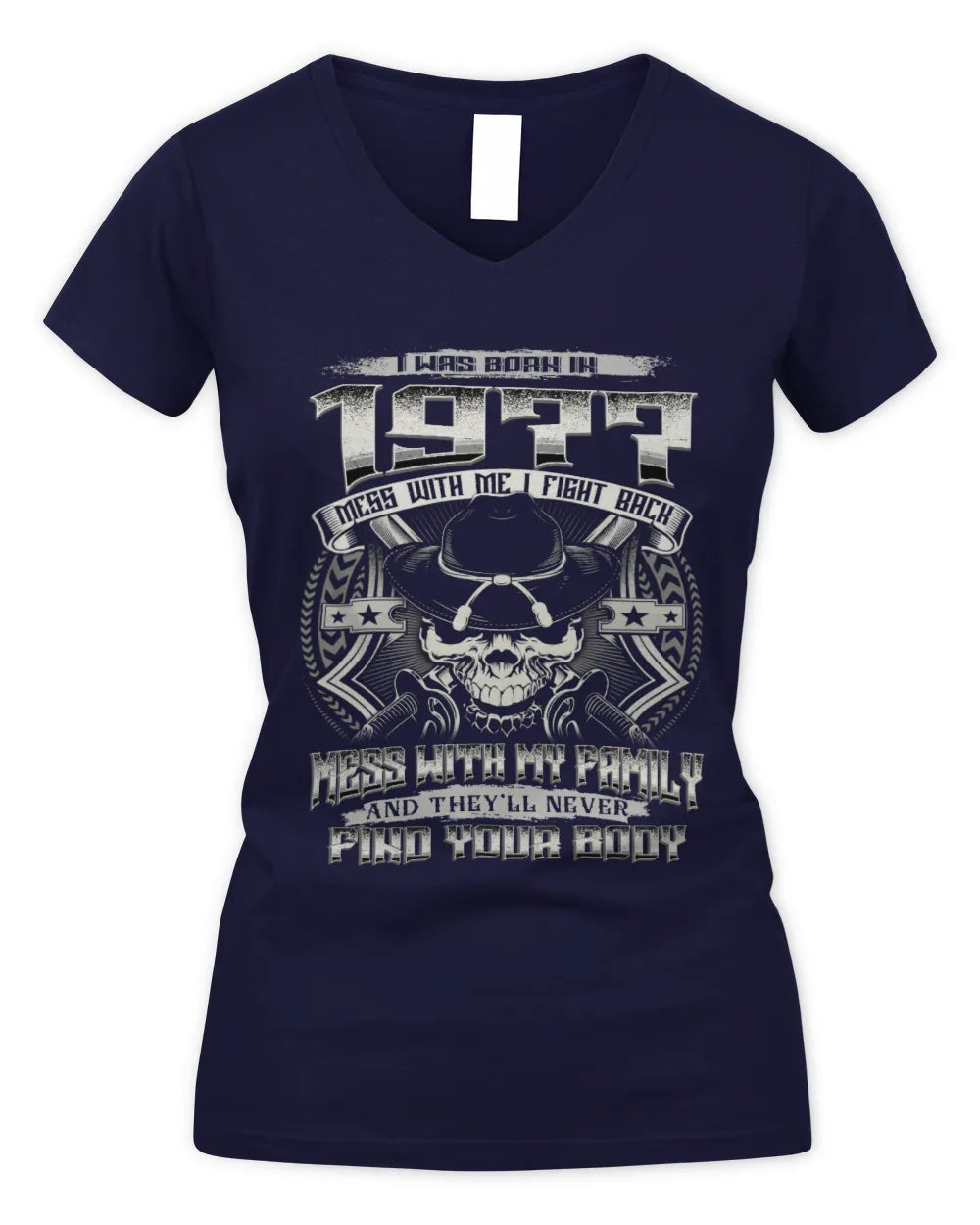 1977 HH89-K2 – T-shirt – Theme: "Birth Year – Family Always Protects" - Women's V-Neck T-Shirt - Navy
