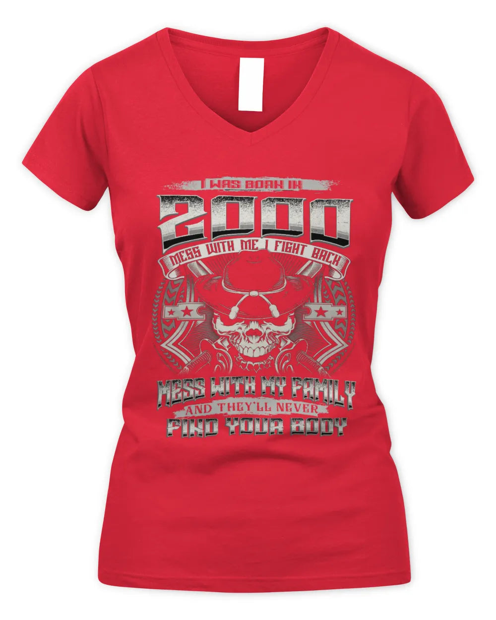 2000 HH89-K2 – T-shirt – Theme: "Birth Year – Family Always Protects" - Women's V-Neck T-Shirt - Red