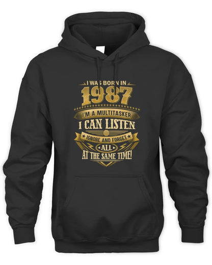 1987 HH89-K2 – Funny Birth Year Multitasker Quote T-Shirt - Unisex Hoodie - Black