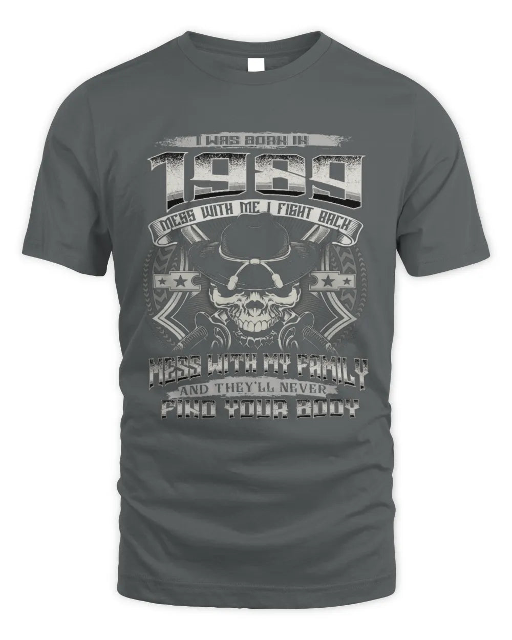 1989 HH89-K2 – T-shirt – Theme: "Birth Year – Family Always Protects" - Unisex Standard T-Shirt - Charcoal
