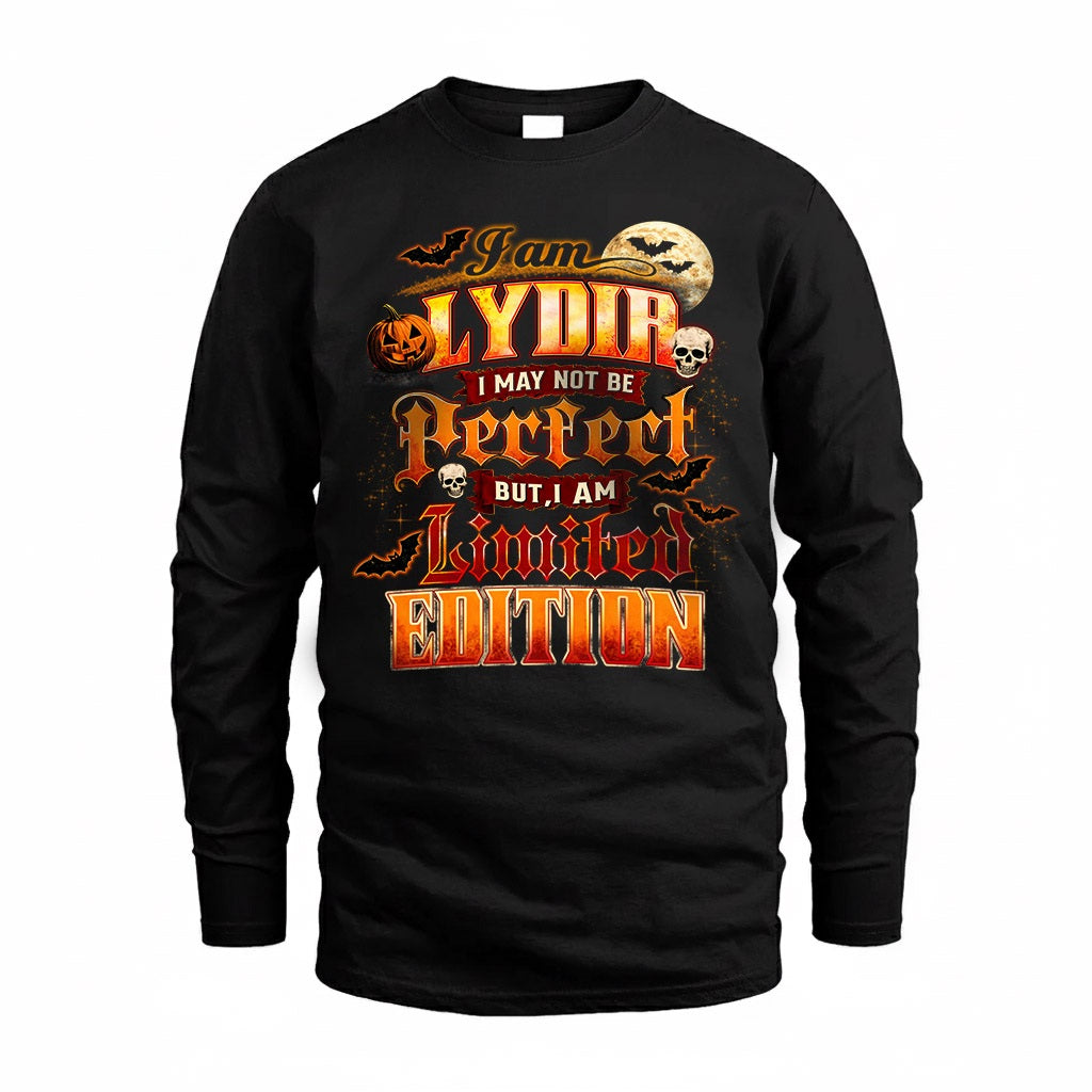 LYDIA HH-F008 – Personalized Name Halloween Shirt – “I May Not Be Perfect, But I Am Limited Edition” Custom Apparel